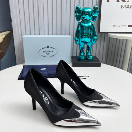HIGH POINTED-TOE PUMPS IN BLACK MIX SILVER SATIN