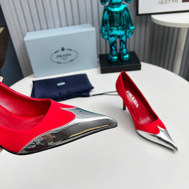 HIGH POINTED-TOE PUMPS IN RED MIX SILVER SATIN