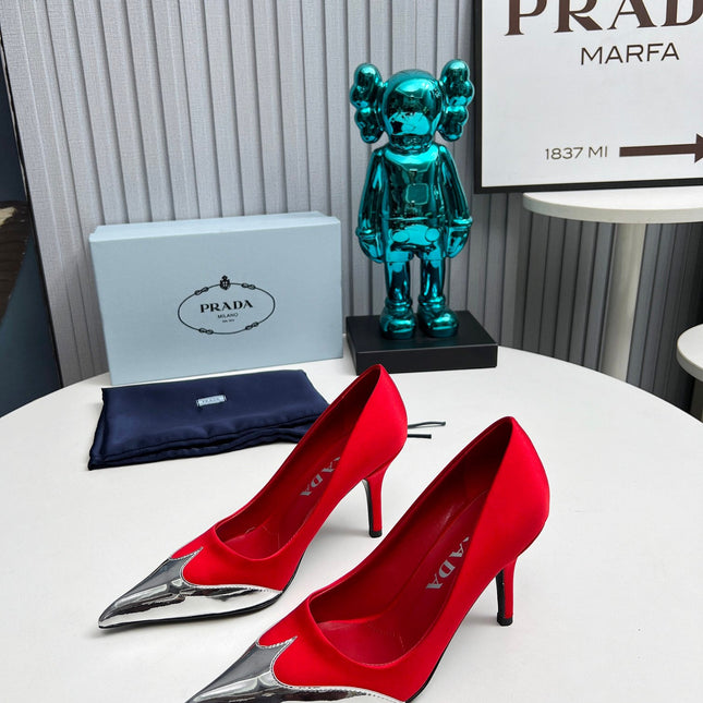 HIGH POINTED-TOE PUMPS IN RED MIX SILVER SATIN