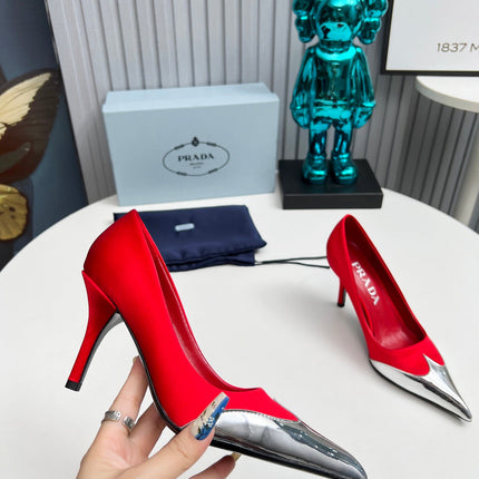 HIGH POINTED-TOE PUMPS IN RED MIX SILVER SATIN