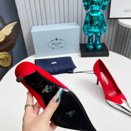 HIGH POINTED-TOE PUMPS IN RED MIX SILVER SATIN