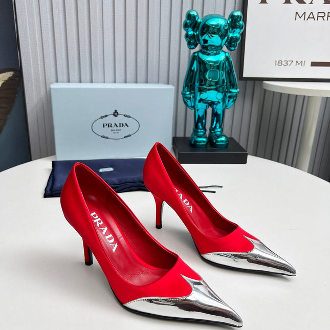 HIGH POINTED-TOE PUMPS IN RED MIX SILVER SATIN