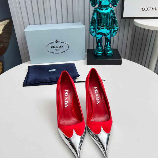 HIGH POINTED-TOE PUMPS IN RED MIX SILVER SATIN