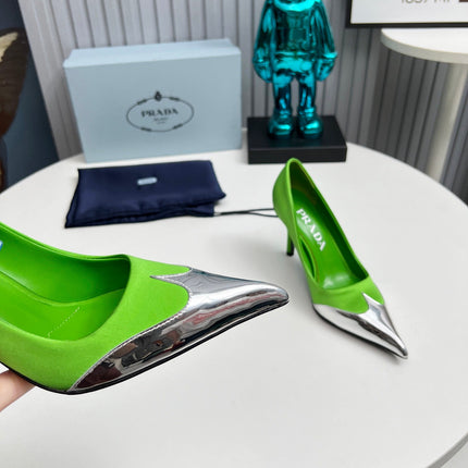 HIGH POINTED-TOE PUMPS IN LIME GREEN MIX SILVER SATIN