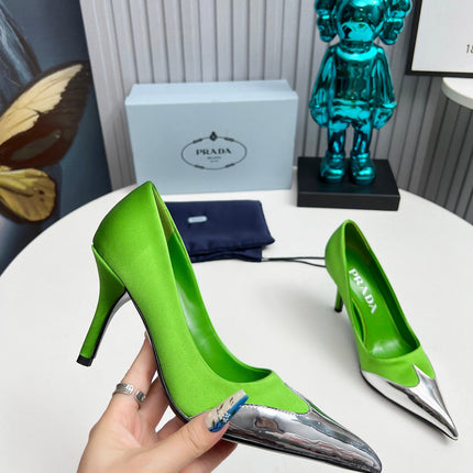 HIGH POINTED-TOE PUMPS IN LIME GREEN MIX SILVER SATIN