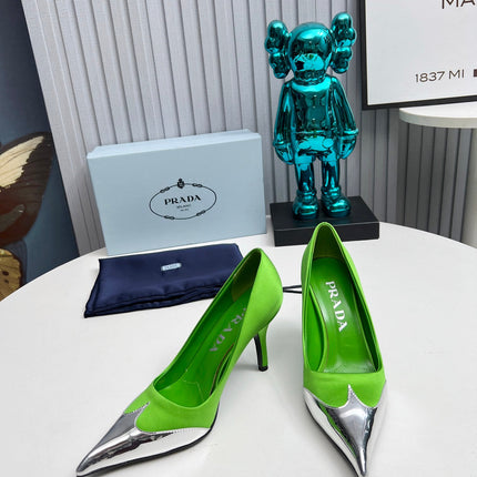 HIGH POINTED-TOE PUMPS IN LIME GREEN MIX SILVER SATIN