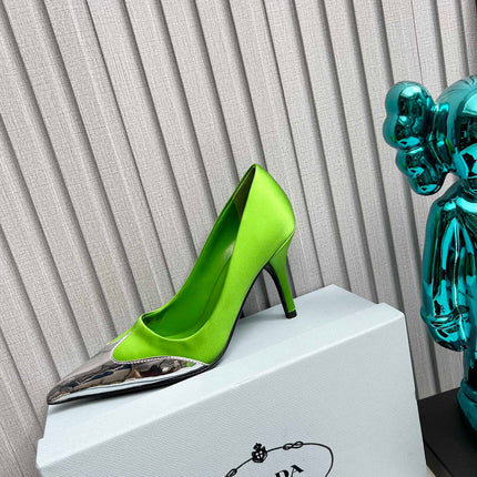 HIGH POINTED-TOE PUMPS IN LIME GREEN MIX SILVER SATIN