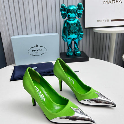 HIGH POINTED-TOE PUMPS IN LIME GREEN MIX SILVER SATIN
