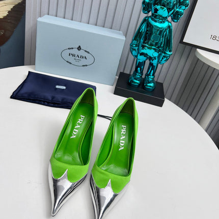 HIGH POINTED-TOE PUMPS IN LIME GREEN MIX SILVER SATIN