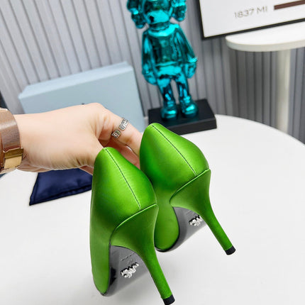 HIGH POINTED-TOE PUMPS IN LIME GREEN MIX SILVER SATIN