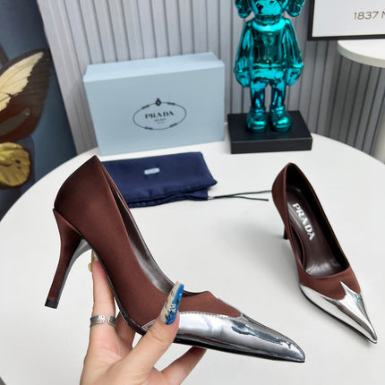 HIGH POINTED-TOE PUMPS IN CHOCOLATE MIX SILVER SATIN