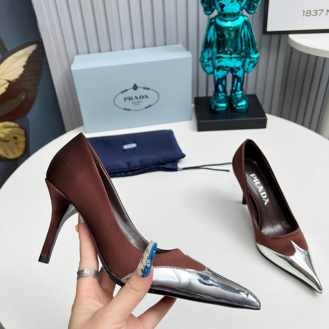 HIGH POINTED-TOE PUMPS IN CHOCOLATE MIX SILVER SATIN