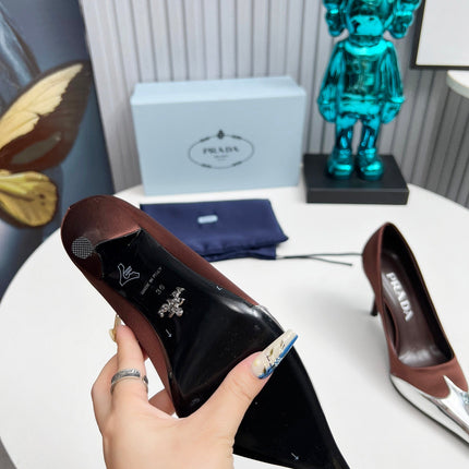 HIGH POINTED-TOE PUMPS IN CHOCOLATE MIX SILVER SATIN