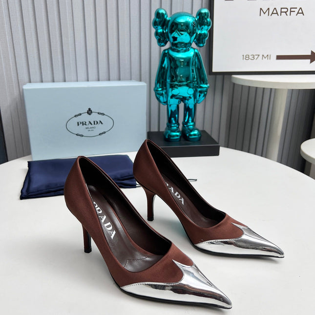 HIGH POINTED-TOE PUMPS IN CHOCOLATE MIX SILVER SATIN