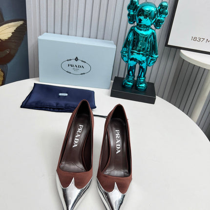 HIGH POINTED-TOE PUMPS IN CHOCOLATE MIX SILVER SATIN