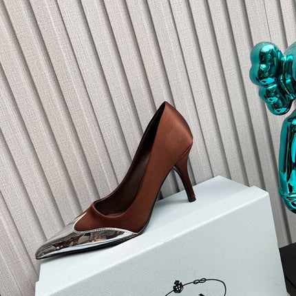 HIGH POINTED-TOE PUMPS IN CHOCOLATE MIX SILVER SATIN