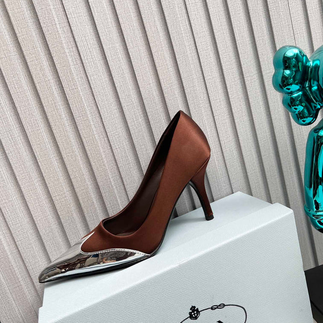HIGH POINTED-TOE PUMPS IN CHOCOLATE MIX SILVER SATIN