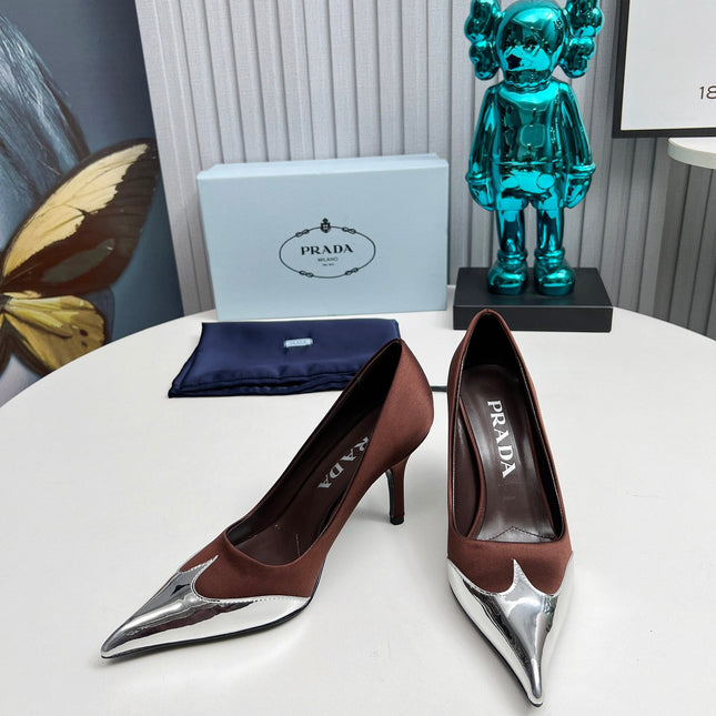 HIGH POINTED-TOE PUMPS IN CHOCOLATE MIX SILVER SATIN