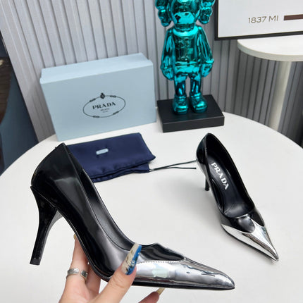 HIGH POINTED-TOE PUMPS IN SILVER MIX BLACK GLOSSY CALFSKIN
