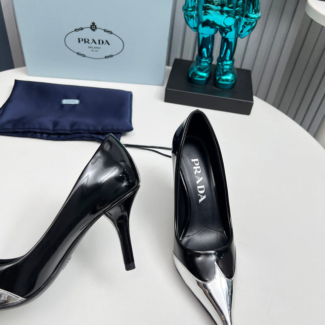 HIGH POINTED-TOE PUMPS IN SILVER MIX BLACK GLOSSY CALFSKIN