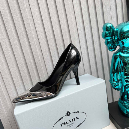 HIGH POINTED-TOE PUMPS IN SILVER MIX BLACK GLOSSY CALFSKIN