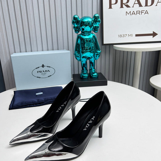 HIGH POINTED-TOE PUMPS IN SILVER MIX BLACK GLOSSY CALFSKIN