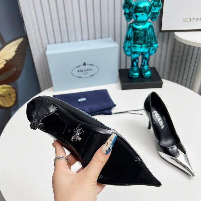 HIGH POINTED-TOE PUMPS IN SILVER MIX BLACK GLOSSY CALFSKIN