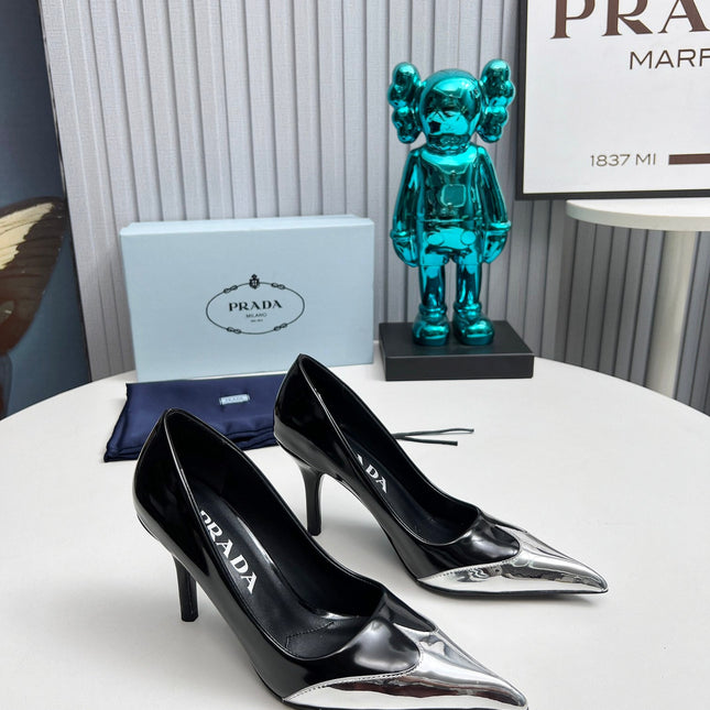 HIGH POINTED-TOE PUMPS IN SILVER MIX BLACK GLOSSY CALFSKIN