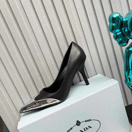 HIGH POINTED-TOE PUMPS IN SILVER MIX BLACK CALFSKIN