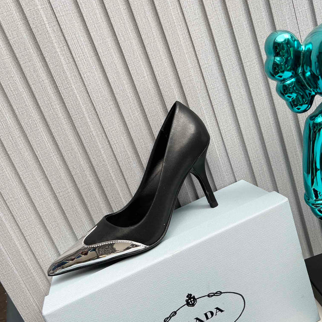 HIGH POINTED-TOE PUMPS IN SILVER MIX BLACK CALFSKIN