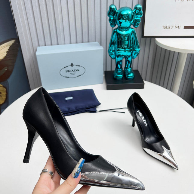 HIGH POINTED-TOE PUMPS IN SILVER MIX BLACK CALFSKIN