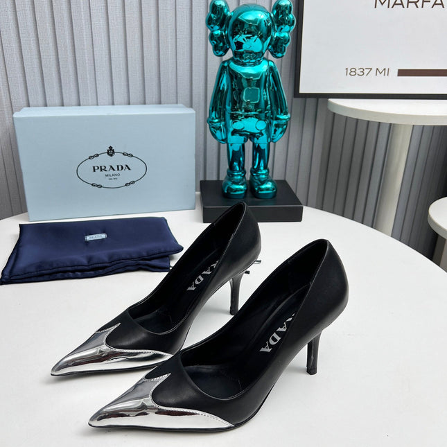 HIGH POINTED-TOE PUMPS IN SILVER MIX BLACK CALFSKIN