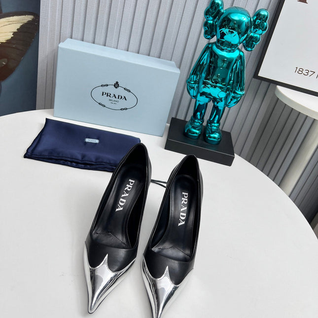 HIGH POINTED-TOE PUMPS IN SILVER MIX BLACK CALFSKIN