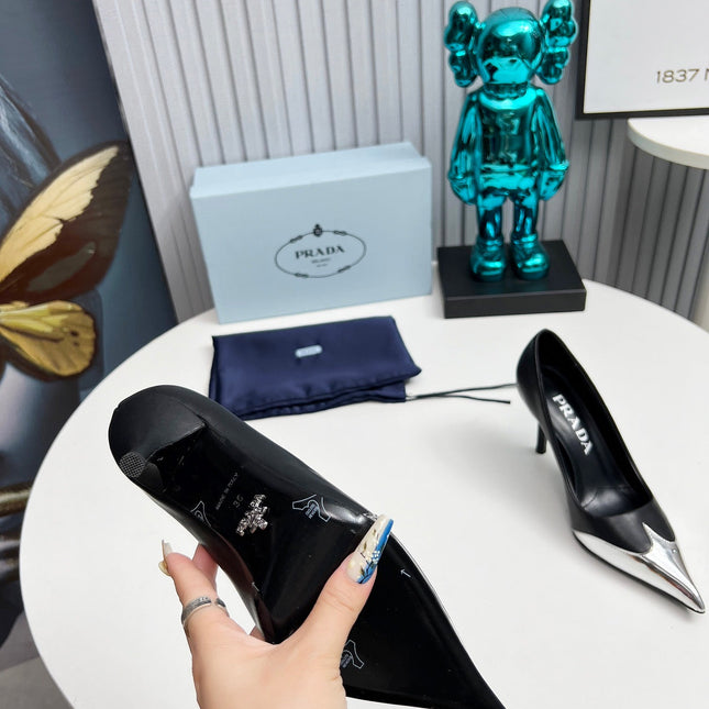 HIGH POINTED-TOE PUMPS IN SILVER MIX BLACK CALFSKIN