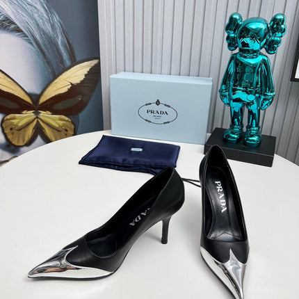 HIGH POINTED-TOE PUMPS IN SILVER MIX BLACK CALFSKIN