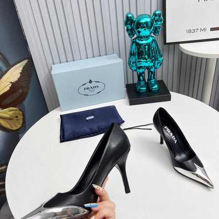 HIGH POINTED-TOE PUMPS IN SILVER MIX BLACK CALFSKIN