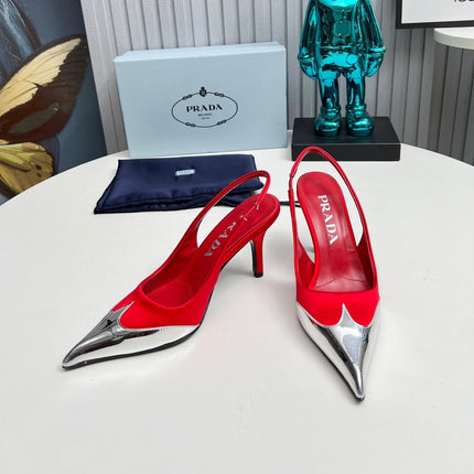 HIGH SLING BACK PUMPS IN SILVER MIX RED SATIN