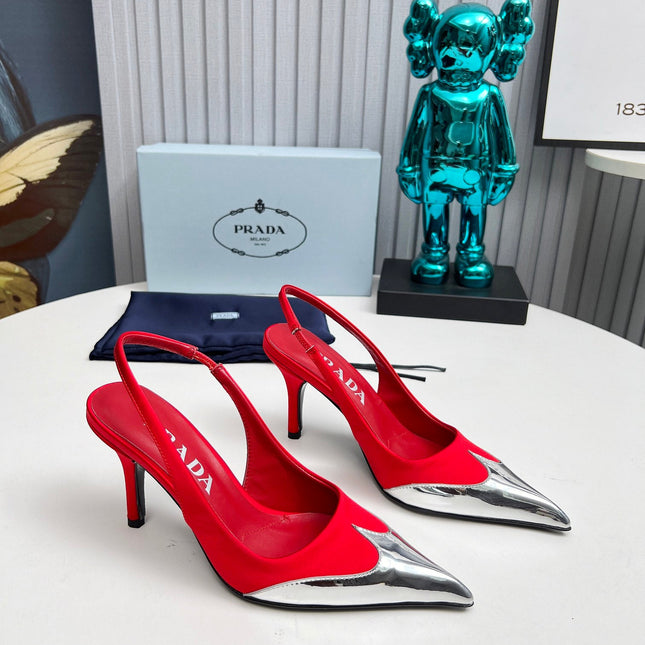 HIGH SLING BACK PUMPS IN SILVER MIX RED SATIN