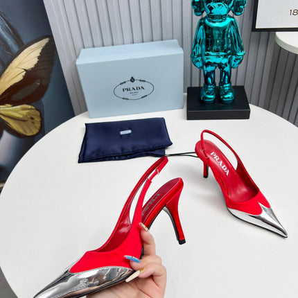 HIGH SLING BACK PUMPS IN SILVER MIX RED SATIN