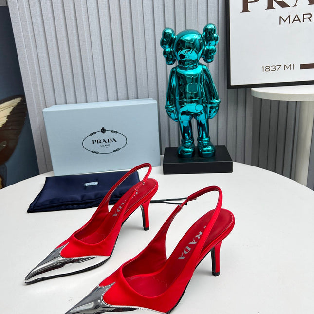 HIGH SLING BACK PUMPS IN SILVER MIX RED SATIN