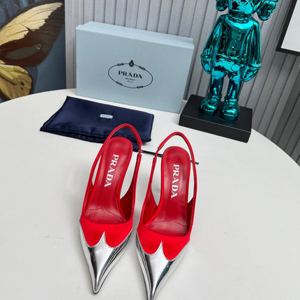 HIGH SLING BACK PUMPS IN SILVER MIX RED SATIN