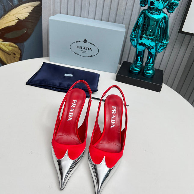HIGH SLING BACK PUMPS IN SILVER MIX RED SATIN