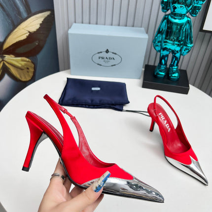 HIGH SLING BACK PUMPS IN SILVER MIX RED SATIN