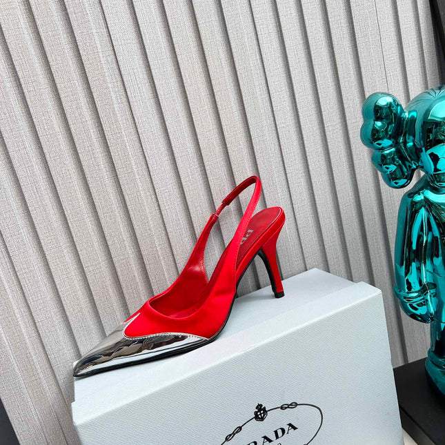 HIGH SLING BACK PUMPS IN SILVER MIX RED SATIN