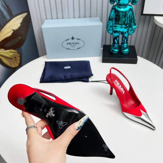 HIGH SLING BACK PUMPS IN SILVER MIX RED SATIN