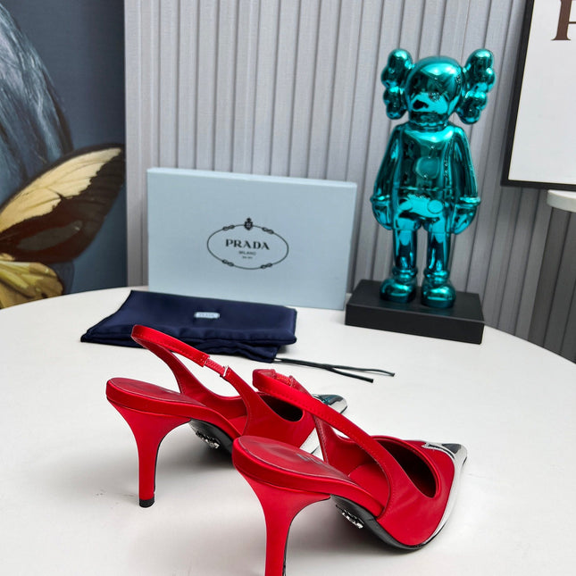 HIGH SLING BACK PUMPS IN SILVER MIX RED SATIN