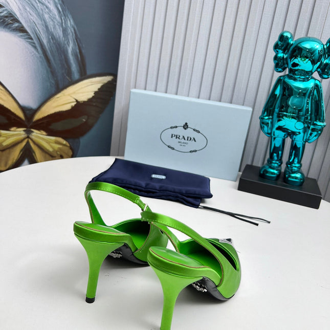 HIGH SLING BACK PUMPS IN SILVER MIX LIME GREEN SATIN