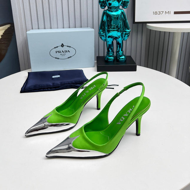 HIGH SLING BACK PUMPS IN SILVER MIX LIME GREEN SATIN