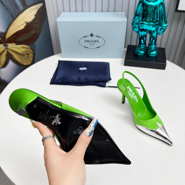 HIGH SLING BACK PUMPS IN SILVER MIX LIME GREEN SATIN