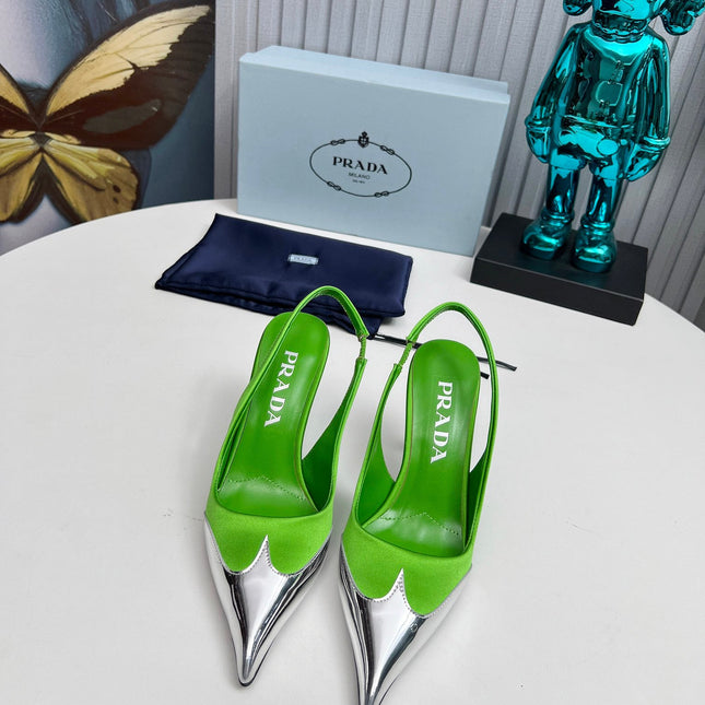 HIGH SLING BACK PUMPS IN SILVER MIX LIME GREEN SATIN